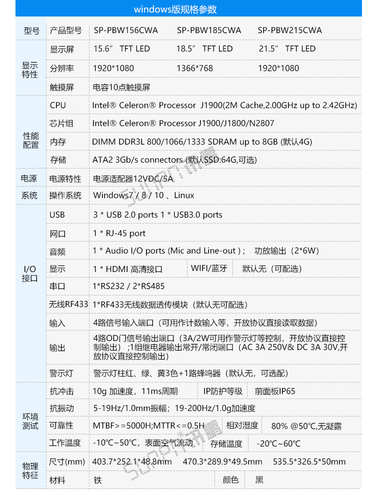 工業(yè)一體機(jī)參數(shù)